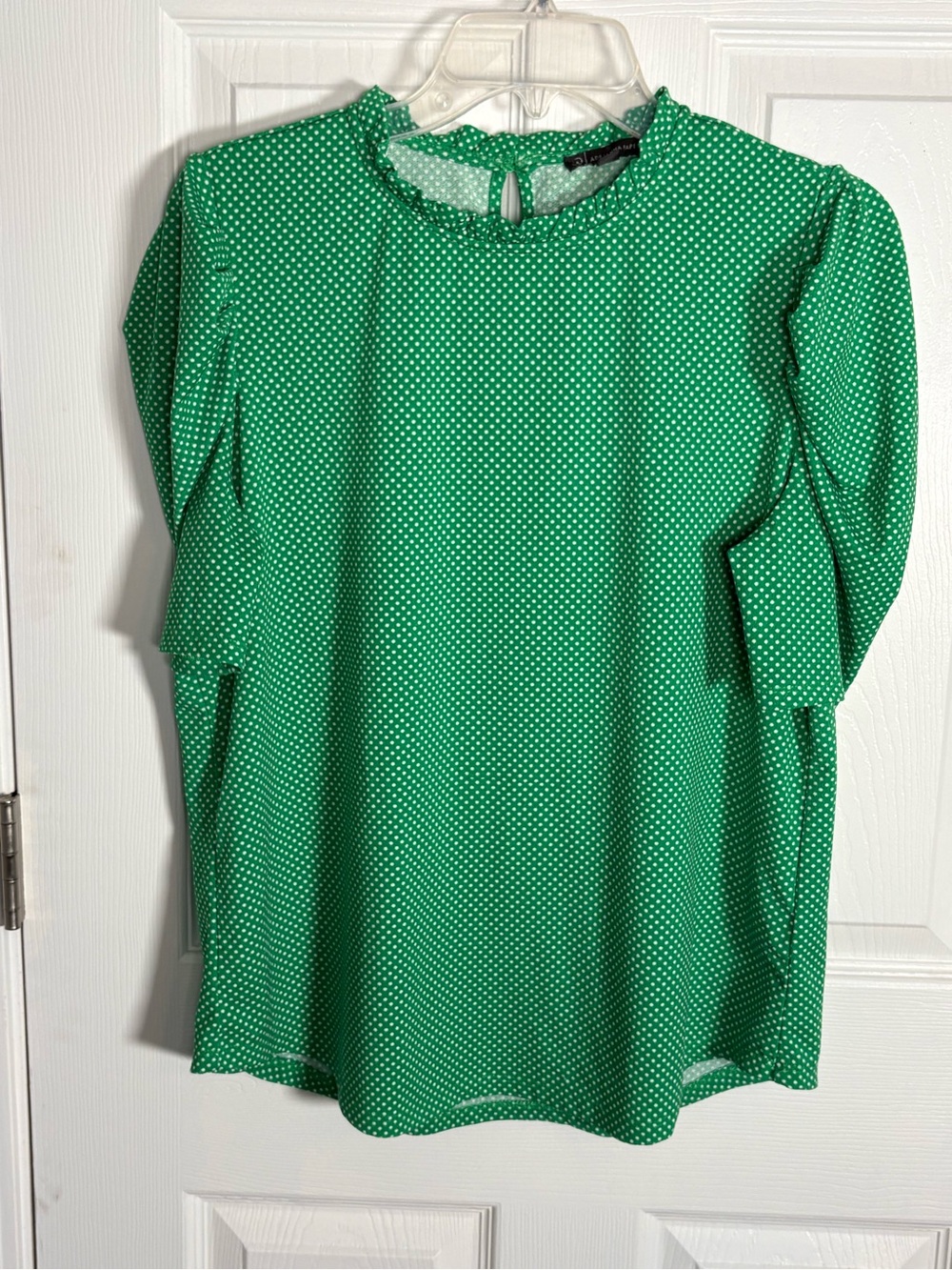 Adrianna Papell Green Polka Dot Ruffle Neck Blouse Size Large